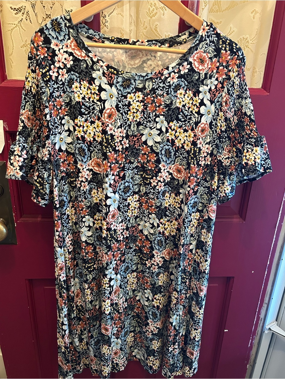 LOFT Black Floral Ruffle short Sleeve dress with Blue and Coral Blooms